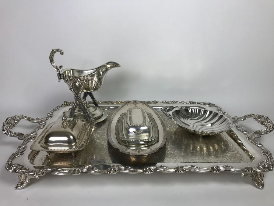 Collection Of Silverplate Serving Pieces Including Large Ornate Chased Tray, Gravy Train, Covered Butter Dishes And Shell Tray [Photo 3]