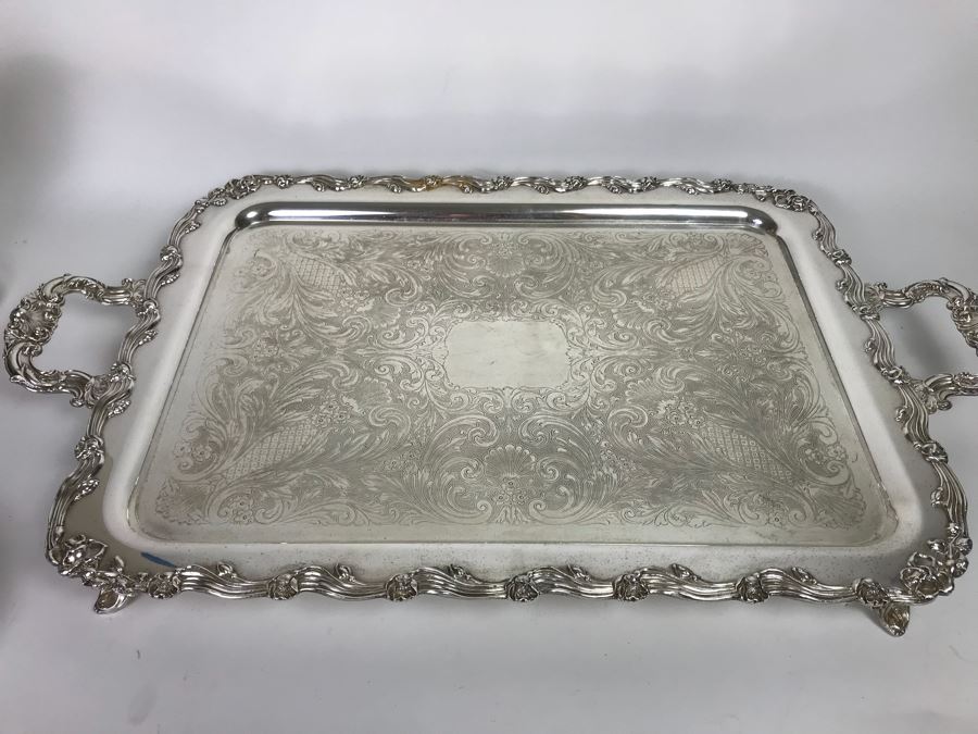 Collection Of Silverplate Serving Pieces Including Large Ornate Chased Tray, Gravy Train, Covered Butter Dishes And Shell Tray [Photo 18]