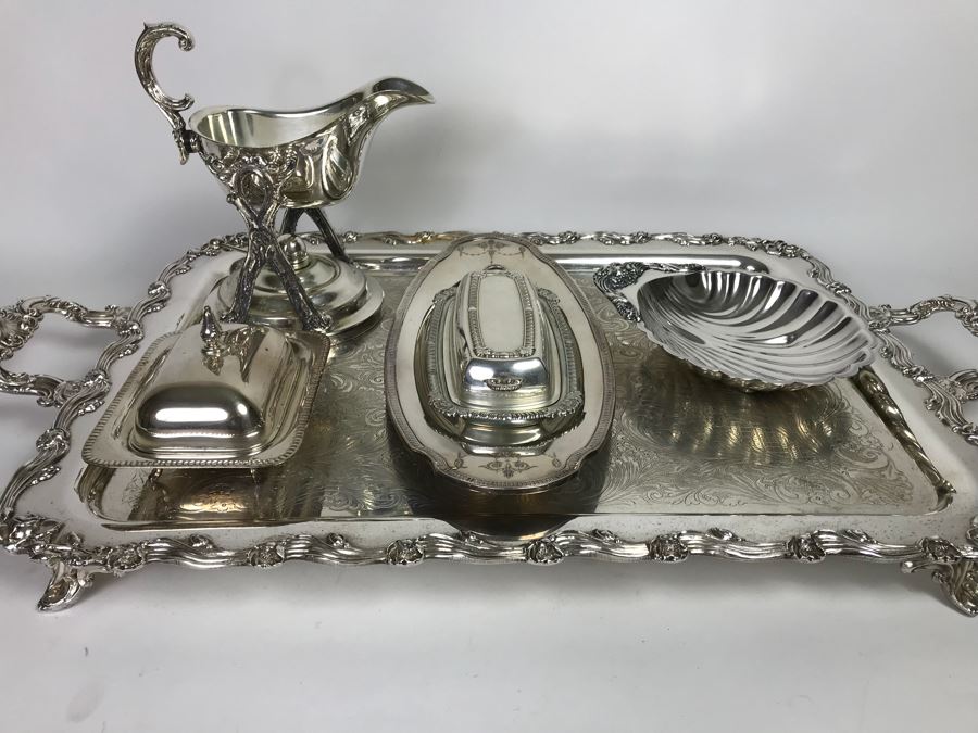 Collection Of Silverplate Serving Pieces Including Large Ornate Chased Tray, Gravy Train, Covered Butter Dishes And Shell Tray [Photo 2]