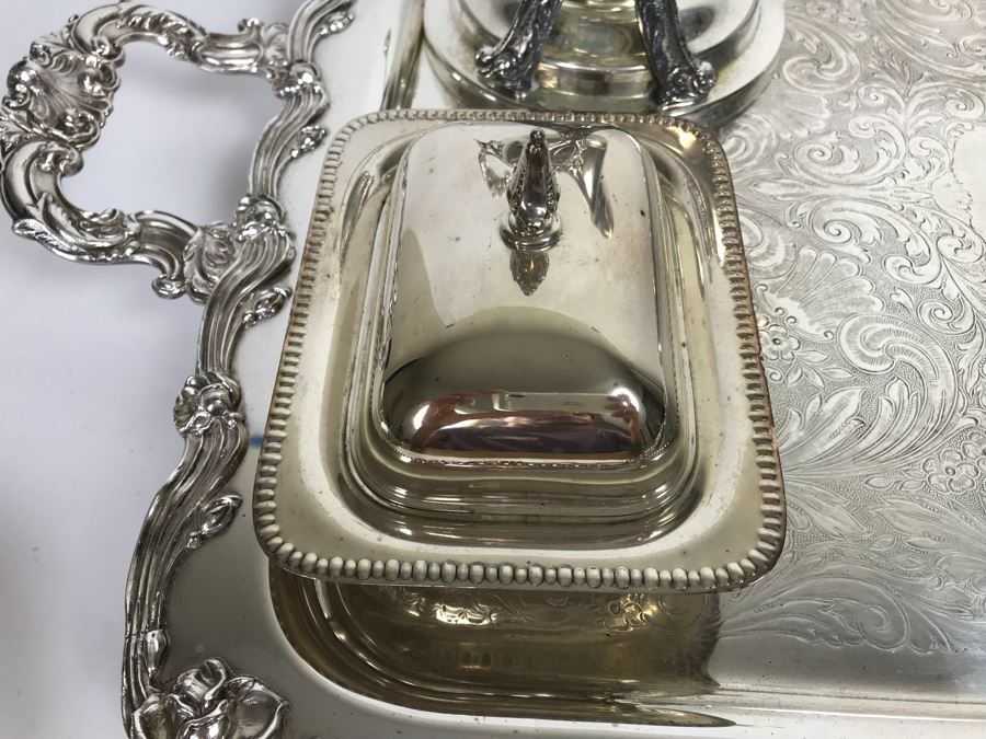 Collection Of Silverplate Serving Pieces Including Large Ornate Chased Tray, Gravy Train, Covered Butter Dishes And Shell Tray [Photo 14]