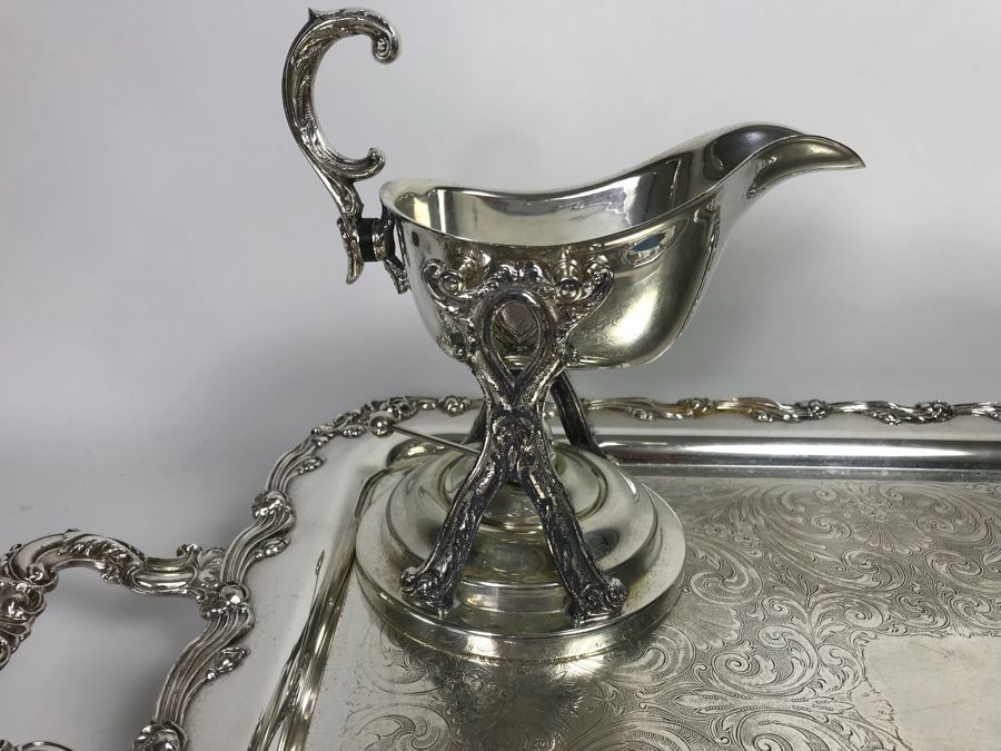 Collection Of Silverplate Serving Pieces Including Large Ornate Chased Tray, Gravy Train, Covered Butter Dishes And Shell Tray [Photo 16]