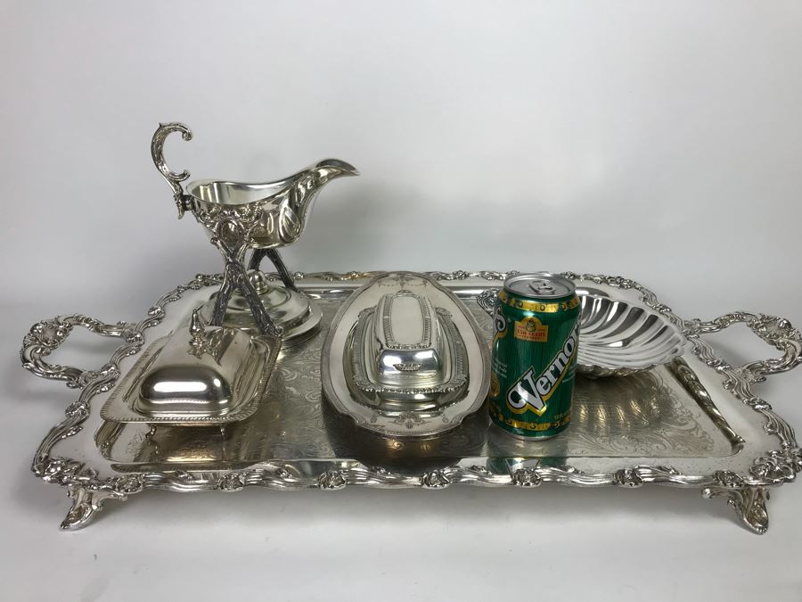 Collection Of Silverplate Serving Pieces Including Large Ornate Chased Tray, Gravy Train, Covered Butter Dishes And Shell Tray [Photo 6]