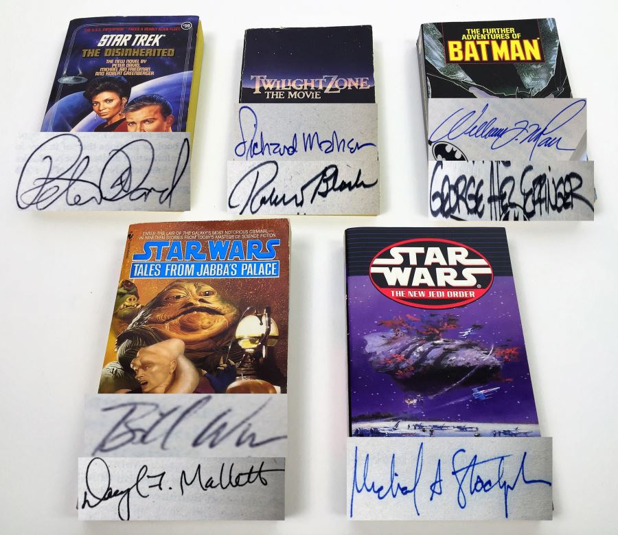 Star Trek: The Disinherited, Twilight Zone, The Further Adventures of Batman; Star Wars: Tales from Jabba's Palace & The New Jedi Order - Signed by Peter David, Robert Bloch, William F. Nolan, William F. Wu, Daryl F. Mallett & Michael A. Stackpole [Photo 1]