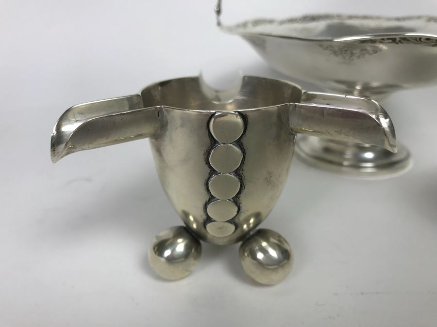 Sterling Silver Hallmarked Ashtray, Fisher Sterling Silver Cup With Wooden Handle And Weighted Sterling Silver Handled Footed Bowl (167g Weight Includes Wooden Handle But Not Weighted Bowl) [Photo 2]