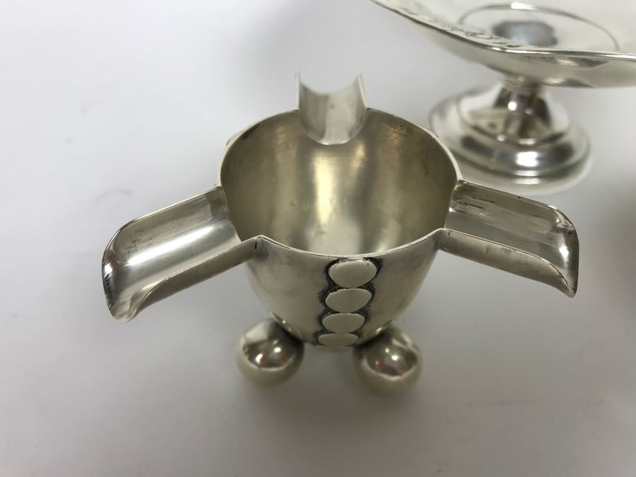 Sterling Silver Hallmarked Ashtray, Fisher Sterling Silver Cup With Wooden Handle And Weighted Sterling Silver Handled Footed Bowl (167g Weight Includes Wooden Handle But Not Weighted Bowl) [Photo 5]