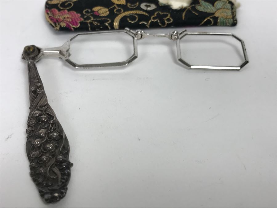 Vintage Sterling Silver Handle And Sterling Silver Frame Glasses With Case