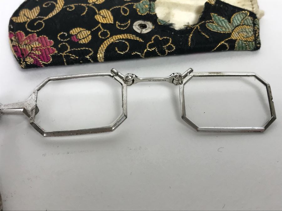 Vintage Sterling Silver Handle And Sterling Silver Frame Glasses With Case