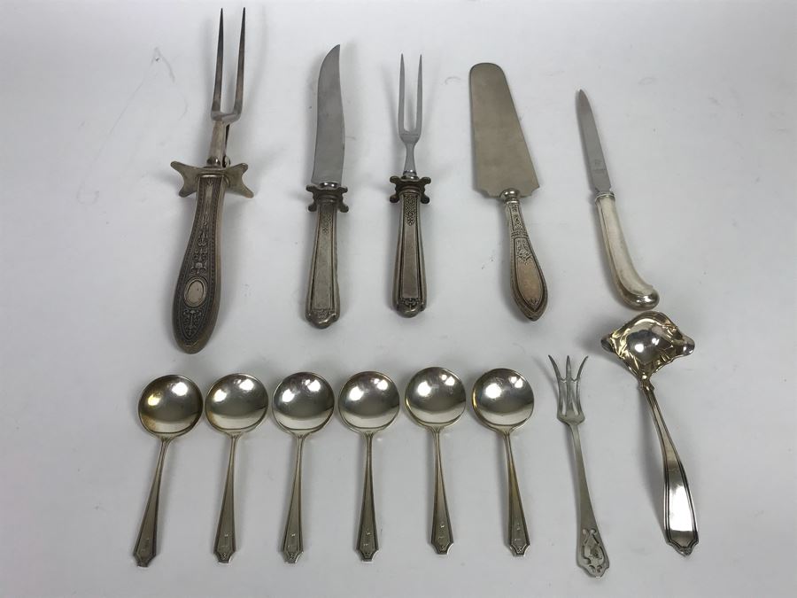 (6) Sterling Silver Spoons, Fork And Ladle Plus Various Sterling Silver Handle Forks, Knives And GORHAM Sterling Handle Letter Opener (91g Of Sterling) [Photo 1]