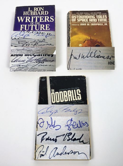 Writers of the Future - Signed by Algis Budrys, Bridget McKenna, Gene Wolfe, Ane McCaffrey & Larry Niven; Astounding Tales of Space & Time - Signed by Jack Williamson; The Oddballs - Signed by Algis Budrys, Fritz Leiber, Robert Bloch & Poul Anderson [Photo 1]