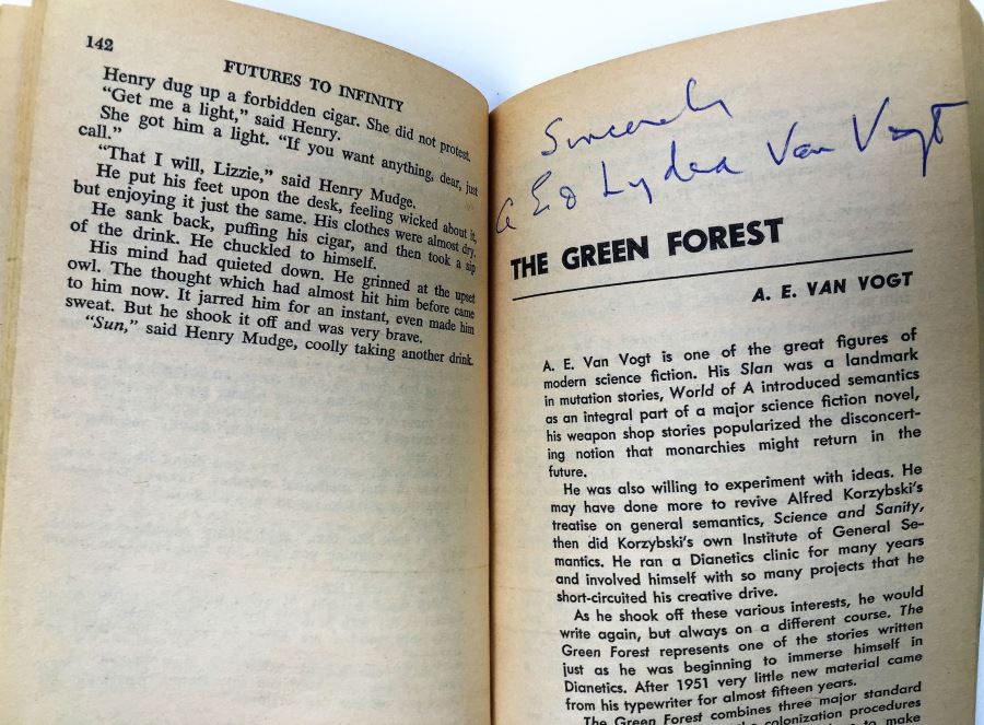 Pawn to Infinity - Signed by Fred Saberhagen, Poul Anderson & George R.R.Martin; Futures to Infinity - Signed by L. Sprague de Camp, A.E. Van Vogt & Ray Bradbury; First Flight: Maiden Voyages in Space & Time - Signed by L. Sprague de Camp [Photo 19]