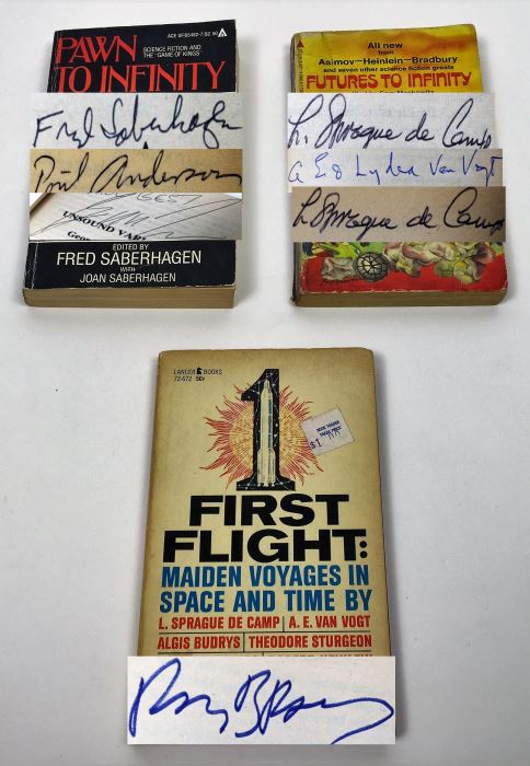 Pawn to Infinity - Signed by Fred Saberhagen, Poul Anderson & George R.R.Martin; Futures to Infinity - Signed by L. Sprague de Camp, A.E. Van Vogt & Ray Bradbury; First Flight: Maiden Voyages in Space & Time - Signed by L. Sprague de Camp [Photo 1]