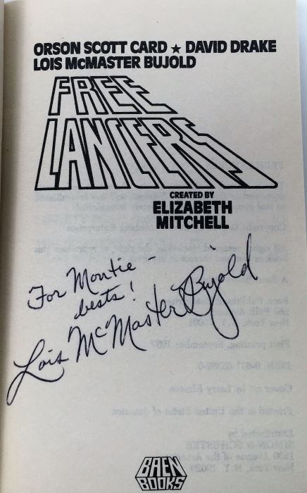 Conan the Swordsman - Signed by L. Sprague de Camp; Free Lancers - Signed by Lois McMaster Bujold; Tales from the Spaceport Bar - Signed by Larry NIven, L. Sprague de Camp, Steven Barnes, Spider Robinson, Robert Silverberg, Barry B. Longyear, etc. [Photo 11]