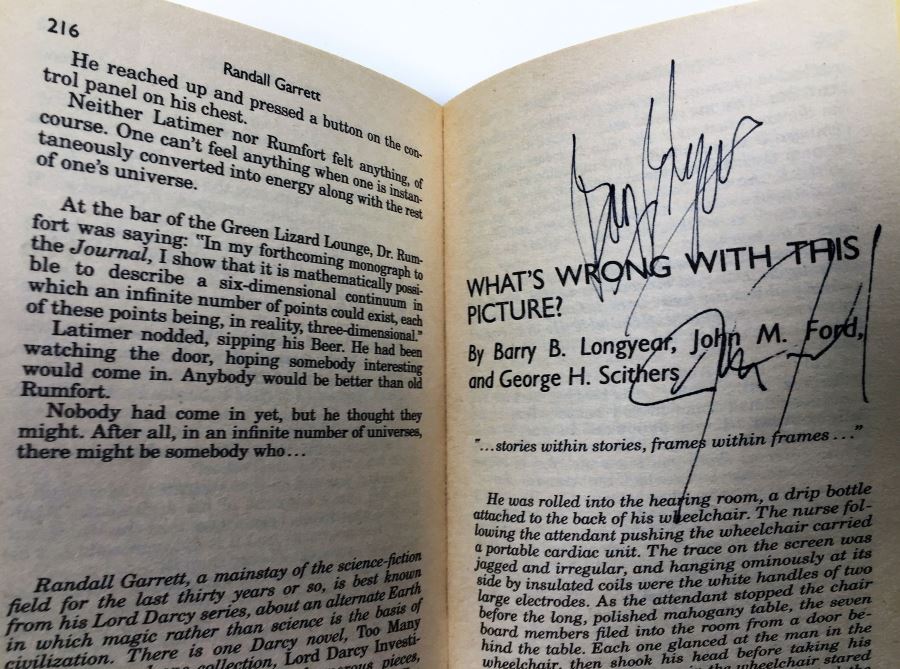 Conan the Swordsman - Signed by L. Sprague de Camp; Free Lancers - Signed by Lois McMaster Bujold; Tales from the Spaceport Bar - Signed by Larry NIven, L. Sprague de Camp, Steven Barnes, Spider Robinson, Robert Silverberg, Barry B. Longyear, etc. [Photo 28]