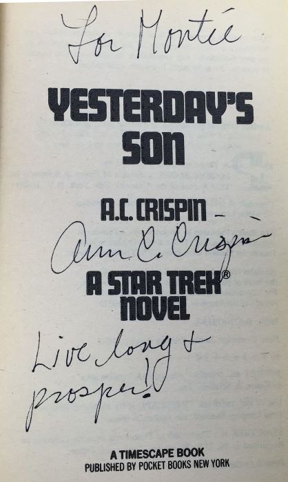 New Star Trek Novel Collection: Yesterday's Son - Signed by A.C. Crispin; Time for Yesterday - Signed by A.C. Crispin; Vulcan's Glory - Signed by D.C. Fontana; Memory Prime - Signed by Gar & Judith Reeves-Stevens; Corona - Signed by Greg Bear [Photo 9]