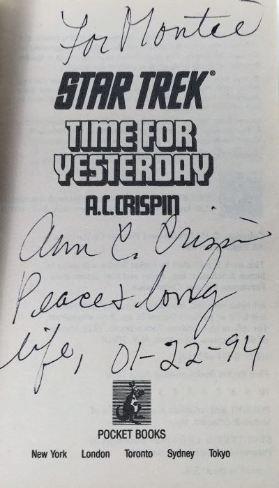 New Star Trek Novel Collection: Yesterday's Son - Signed by A.C. Crispin; Time for Yesterday - Signed by A.C. Crispin; Vulcan's Glory - Signed by D.C. Fontana; Memory Prime - Signed by Gar & Judith Reeves-Stevens; Corona - Signed by Greg Bear [Photo 14]