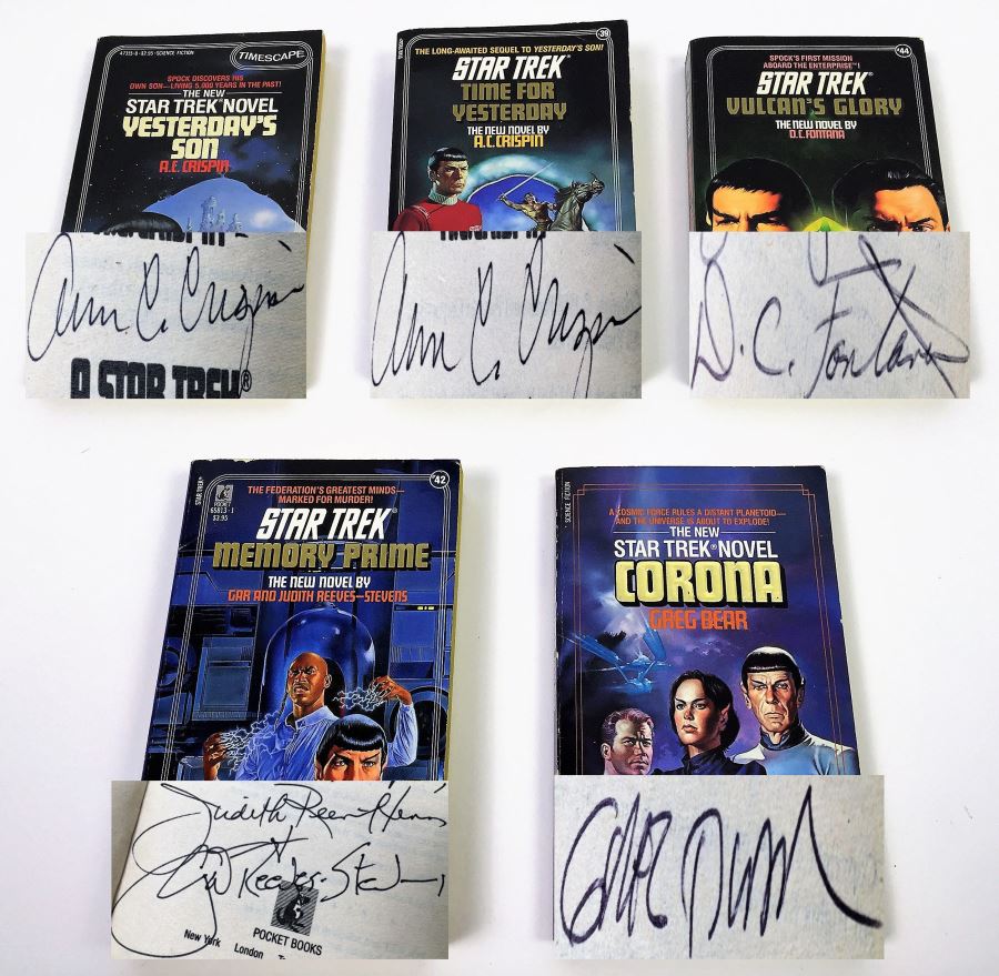 New Star Trek Novel Collection: Yesterday's Son - Signed by A.C. Crispin; Time for Yesterday - Signed by A.C. Crispin; Vulcan's Glory - Signed by D.C. Fontana; Memory Prime - Signed by Gar & Judith Reeves-Stevens; Corona - Signed by Greg Bear [Photo 1]