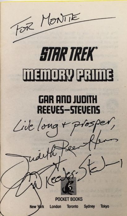 New Star Trek Novel Collection: Yesterday's Son - Signed by A.C. Crispin; Time for Yesterday - Signed by A.C. Crispin; Vulcan's Glory - Signed by D.C. Fontana; Memory Prime - Signed by Gar & Judith Reeves-Stevens; Corona - Signed by Greg Bear [Photo 24]