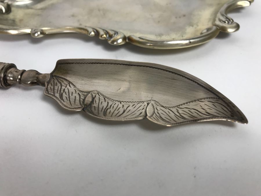 Antique Sterling Silver Fish Server, Sterling Silver Tray, Sterling Silver Salt Cellar With Spoon And Long Sterling Silver Rack 166g [Photo 4]