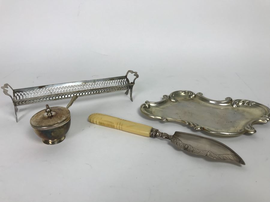 Antique Sterling Silver Fish Server, Sterling Silver Tray, Sterling Silver Salt Cellar With Spoon And Long Sterling Silver Rack 166g [Photo 2]
