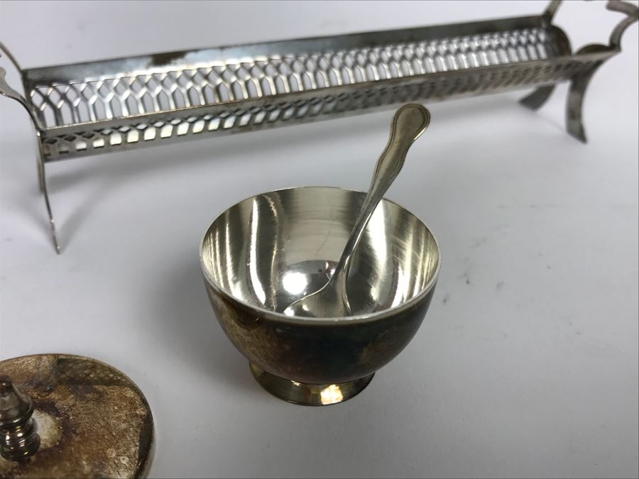 Antique Sterling Silver Fish Server, Sterling Silver Tray, Sterling Silver Salt Cellar With Spoon And Long Sterling Silver Rack 166g [Photo 11]