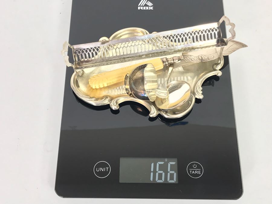 Antique Sterling Silver Fish Server, Sterling Silver Tray, Sterling Silver Salt Cellar With Spoon And Long Sterling Silver Rack 166g [Photo 19]