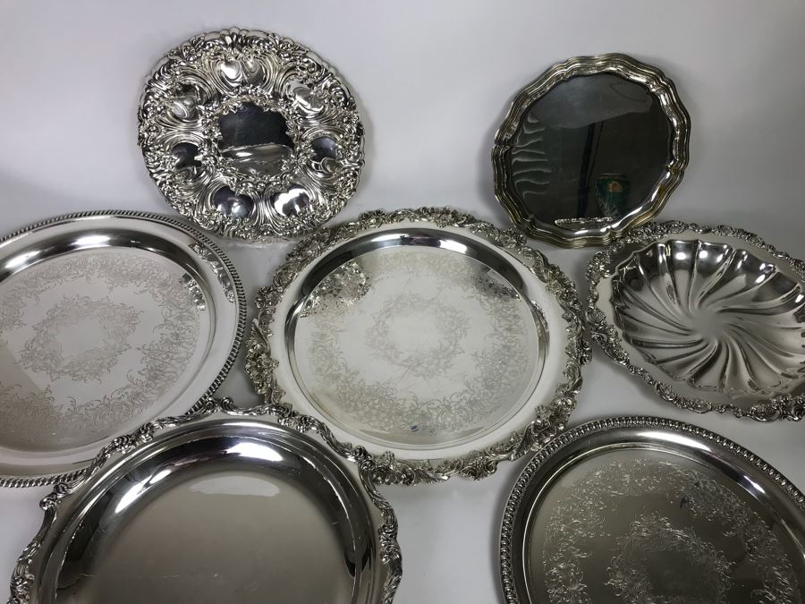 Collection Of (7) Round Silverplate Trays Including Gorham, Wallace, Wilcox, Webster-Wilcox And EL Italy [Photo 1]