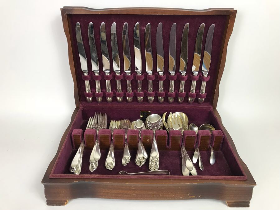 GORHAM Sterling Silver Rose Marie Pattern Flatware Set For 12 Service And Wooden Silverware Box 2,355g Of Sterling [Photo 3]