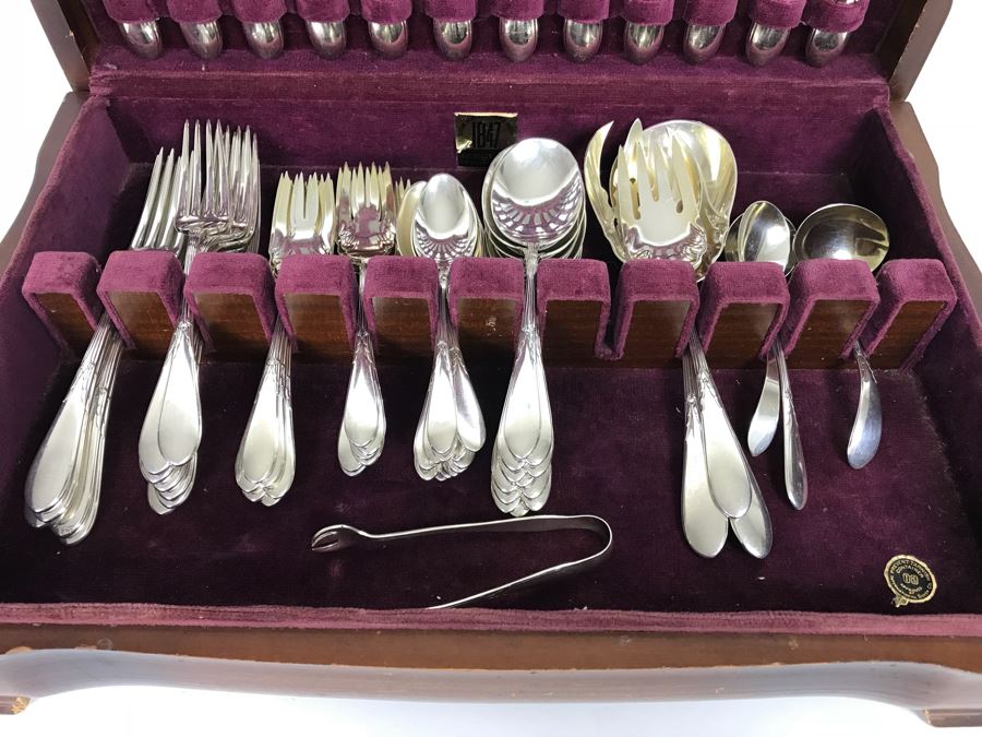 GORHAM Sterling Silver Rose Marie Pattern Flatware Set For 12 Service And Wooden Silverware Box 2,355g Of Sterling [Photo 5]