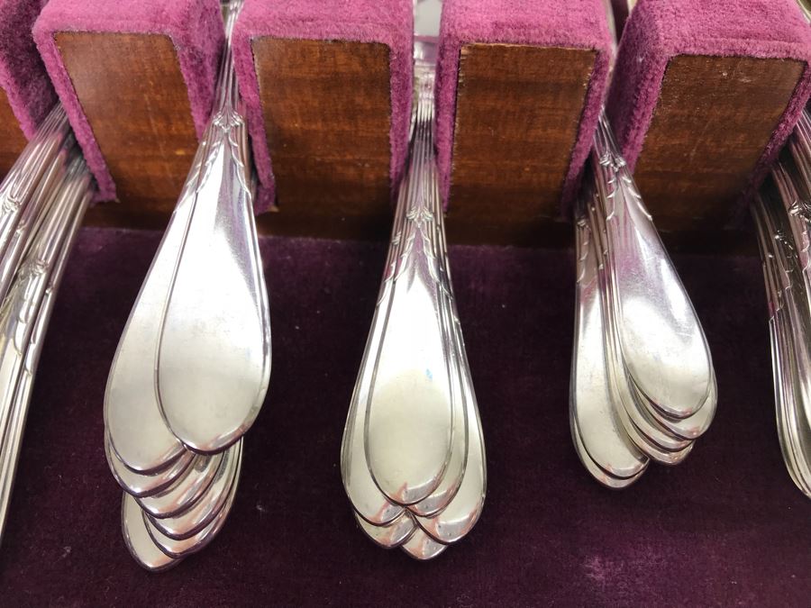 GORHAM Sterling Silver Rose Marie Pattern Flatware Set For 12 Service And Wooden Silverware Box 2,355g Of Sterling [Photo 7]