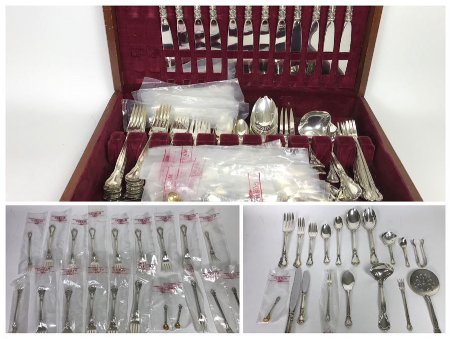 GORHAM Sterling Silver Chantilly Pattern Flatware Set for 12 Service With 19 Factory Sealed Pieces And Wooden Silverware Box 3,315g Of Sterling