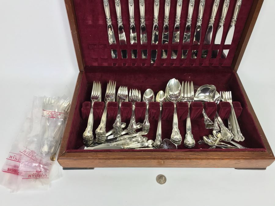 GORHAM Sterling Silver Chantilly Pattern Flatware Set for 12 Service With 19 Factory Sealed Pieces And Wooden Silverware Box 3,315g Of Sterling [Photo 10]