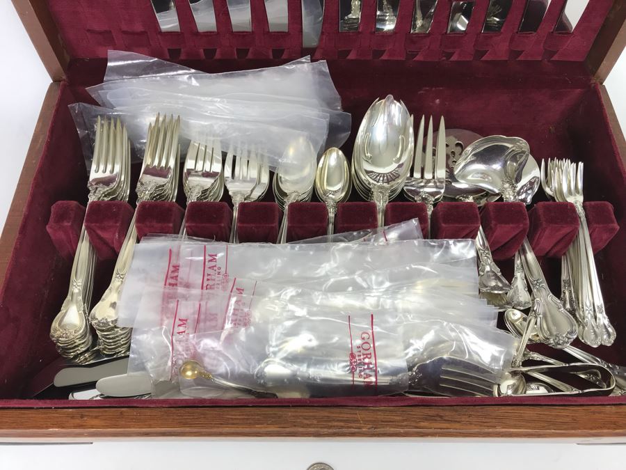 GORHAM Sterling Silver Chantilly Pattern Flatware Set for 12 Service With 19 Factory Sealed Pieces And Wooden Silverware Box 3,315g Of Sterling [Photo 8]