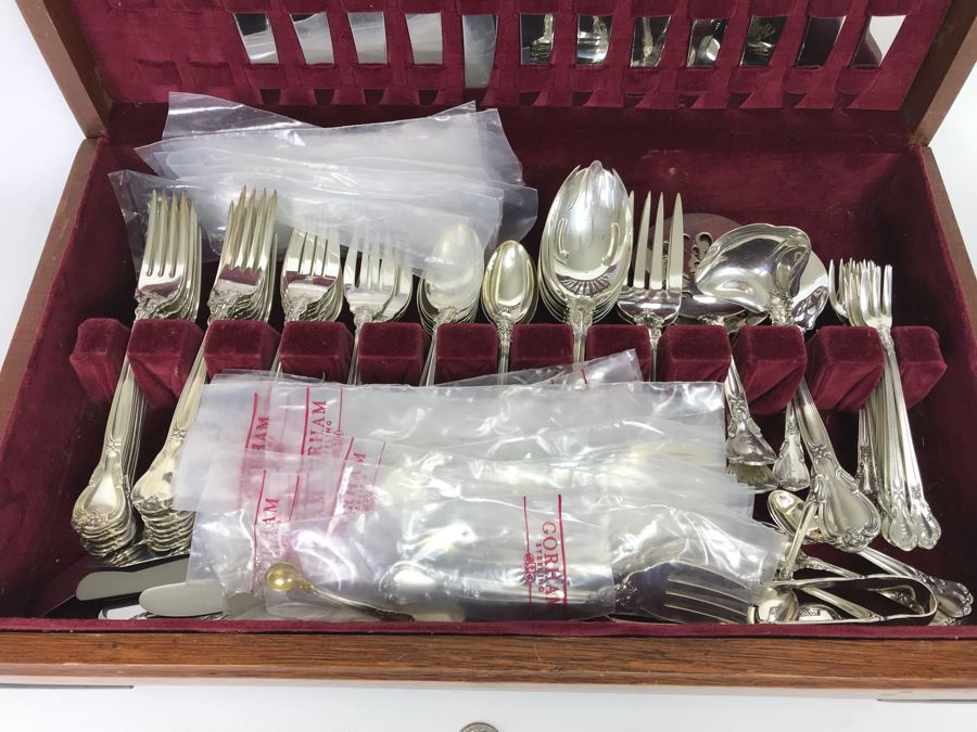 GORHAM Sterling Silver Chantilly Pattern Flatware Set for 12 Service With 19 Factory Sealed Pieces And Wooden Silverware Box 3,315g Of Sterling [Photo 3]