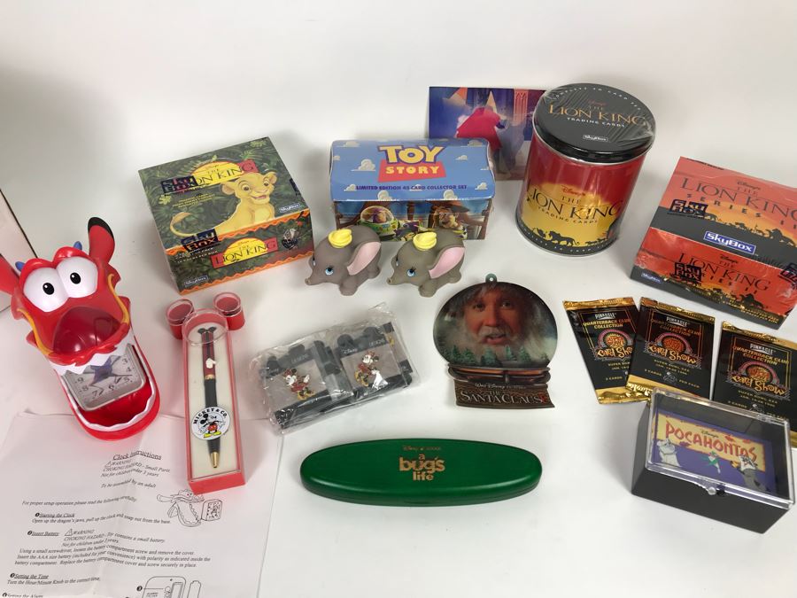 Disney Pixar A Bug’s Life Wooden Pen, Sealed SkyBox Limited Edition Toy Story Trading Card Set, The Lion King SkyBox Sealed Trading Card Sets Including  Limited Edition Tin Set, Mickey Mouse Pen, Minnie Mouse Pins, Disney Clock And More [Photo 1]