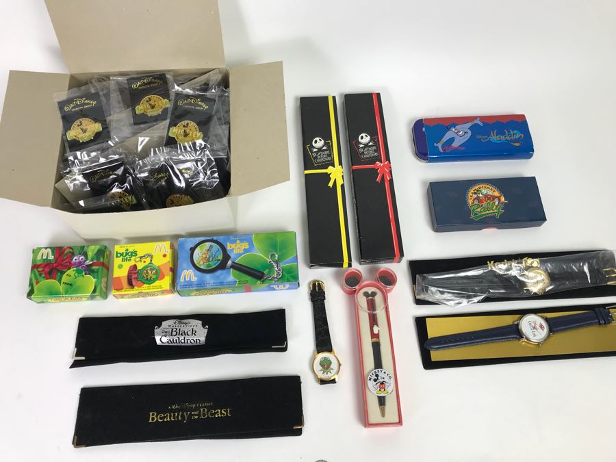 Disney’s The Black Cauldron Watch, Kermit The Frog Watch, Beauty And The Beast Watch, Aladdin Watch, Nightmare Before Christmas Watch, Box Full Of Mickey Mouse 60 Year Pins And More [Photo 2]