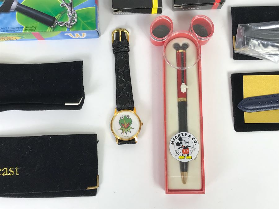 Disney’s The Black Cauldron Watch, Kermit The Frog Watch, Beauty And The Beast Watch, Aladdin Watch, Nightmare Before Christmas Watch, Box Full Of Mickey Mouse 60 Year Pins And More [Photo 15]