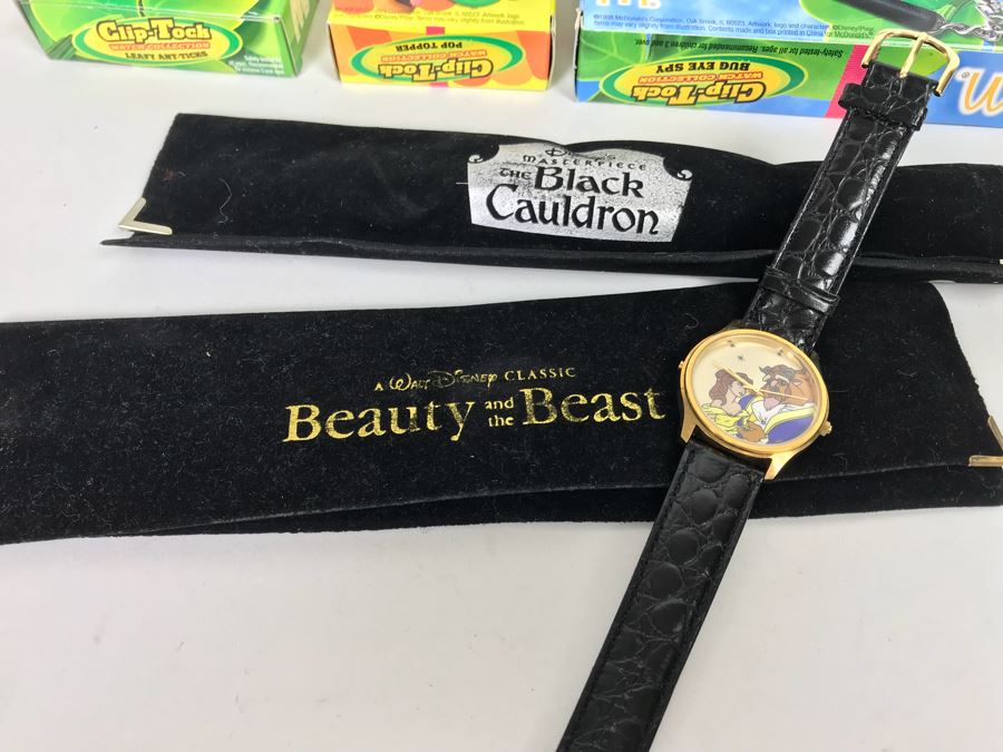 Disney’s The Black Cauldron Watch, Kermit The Frog Watch, Beauty And The Beast Watch, Aladdin Watch, Nightmare Before Christmas Watch, Box Full Of Mickey Mouse 60 Year Pins And More [Photo 22]