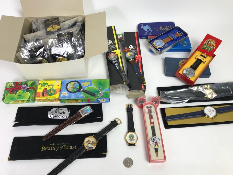 Disney’s The Black Cauldron Watch, Kermit The Frog Watch, Beauty And The Beast Watch, Aladdin Watch, Nightmare Before Christmas Watch, Box Full Of Mickey Mouse 60 Year Pins And More [Photo 43]