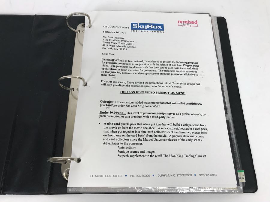 SkyBox (1989-1995) Proposal Folder With Sample Trading Cards Presented To Disney Buena Vista Home Video For The Lion King Video Promotion Includes Uncut Cards And Trading Cards From Superman, Disney, Sports, Simpsons, Harley-Davidson Motor Cycles And More [Photo 4]