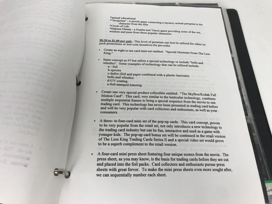 SkyBox (1989-1995) Proposal Folder With Sample Trading Cards Presented To Disney Buena Vista Home Video For The Lion King Video Promotion Includes Uncut Cards And Trading Cards From Superman, Disney, Sports, Simpsons, Harley-Davidson Motor Cycles And More [Photo 6]