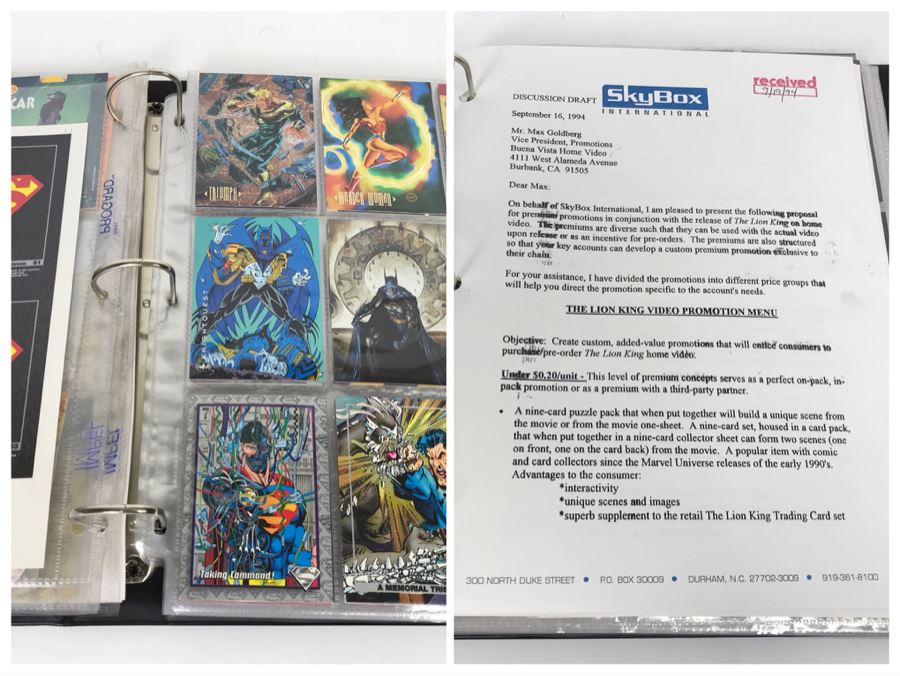 SkyBox (1989-1995) Proposal Folder With Sample Trading Cards Presented To Disney Buena Vista Home Video For The Lion King Video Promotion Includes Uncut Cards And Trading Cards From Superman, Disney, Sports, Simpsons, Harley-Davidson Motor Cycles And More