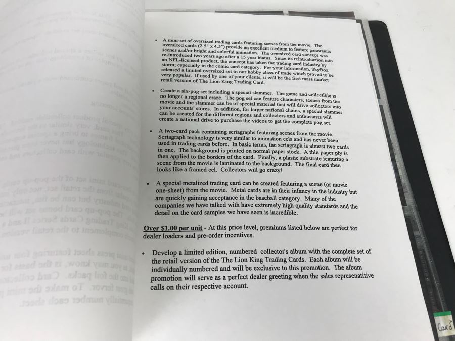 SkyBox (1989-1995) Proposal Folder With Sample Trading Cards Presented To Disney Buena Vista Home Video For The Lion King Video Promotion Includes Uncut Cards And Trading Cards From Superman, Disney, Sports, Simpsons, Harley-Davidson Motor Cycles And More [Photo 7]