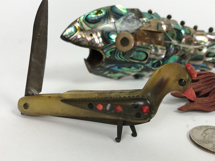 Shell Fish Figurine, Carved Fish And Carved Horn Figural Bird Pocket Knife [Photo 3]