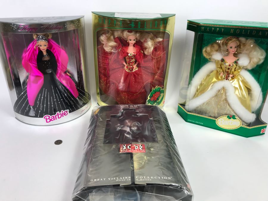 Set Of (4) Mattel Barbie Dolls: Disney’s 101 Dalmatians Cruella De Vil 16295, Happy Holidays Barbie 10824, 20200, 12155