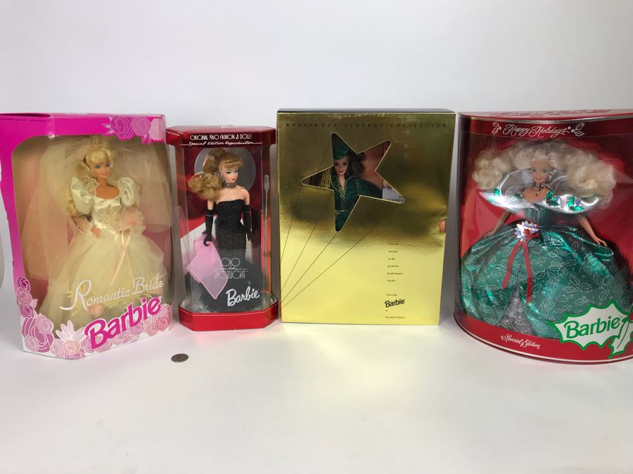 Set Of (4) Mattel Barbie Dolls: Solo In The Spotlight 13534, Scarlett O’Hare 12045, Happy Holidays 14123, Romantic Bride 1861 [Photo 1]