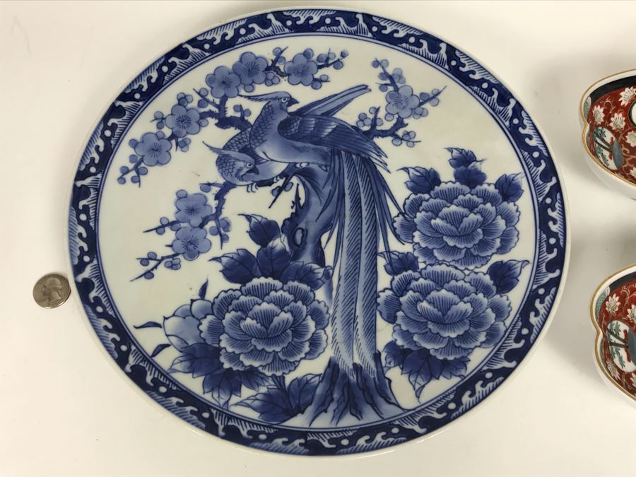 Vintage Chinese Blue And White Porcelain Bowl And Pair Of Japanese Imari Dishes [Photo 2]