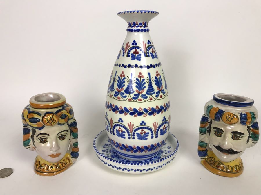 Cruz Pottery Vase And Plate Plus Gulino Caltagirone Ceramic Pottery