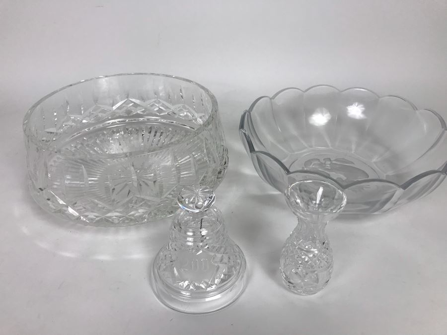 Waterford Crystal Large Bowl, Bell, Vase And Val Saint Lambert Etched Fruit Crystal Plate