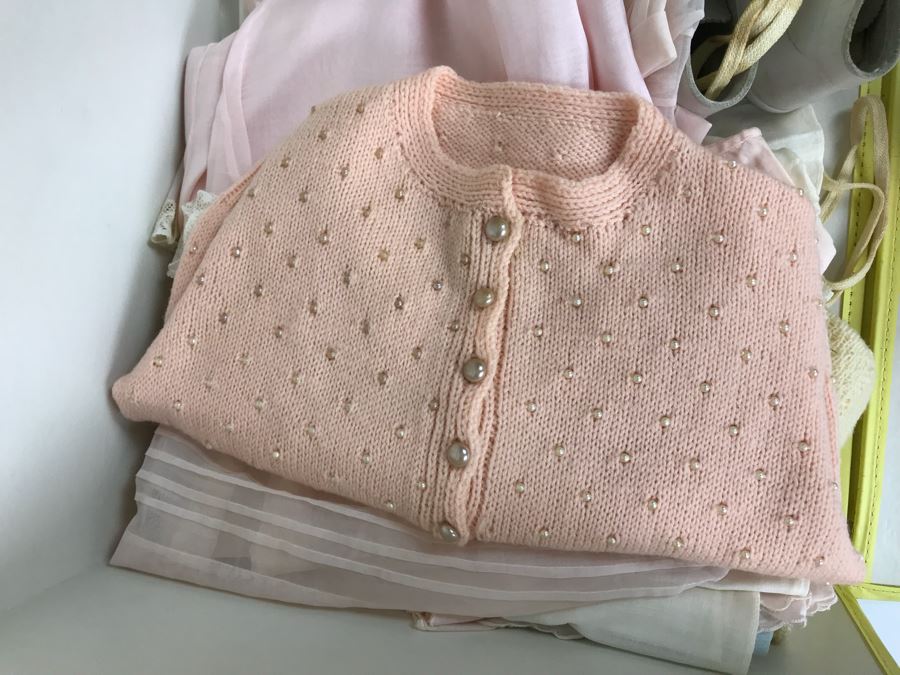 Collection Of Vintage Girls Clothes Including Dresses And Linens With Vintage Storage Box [Photo 22]