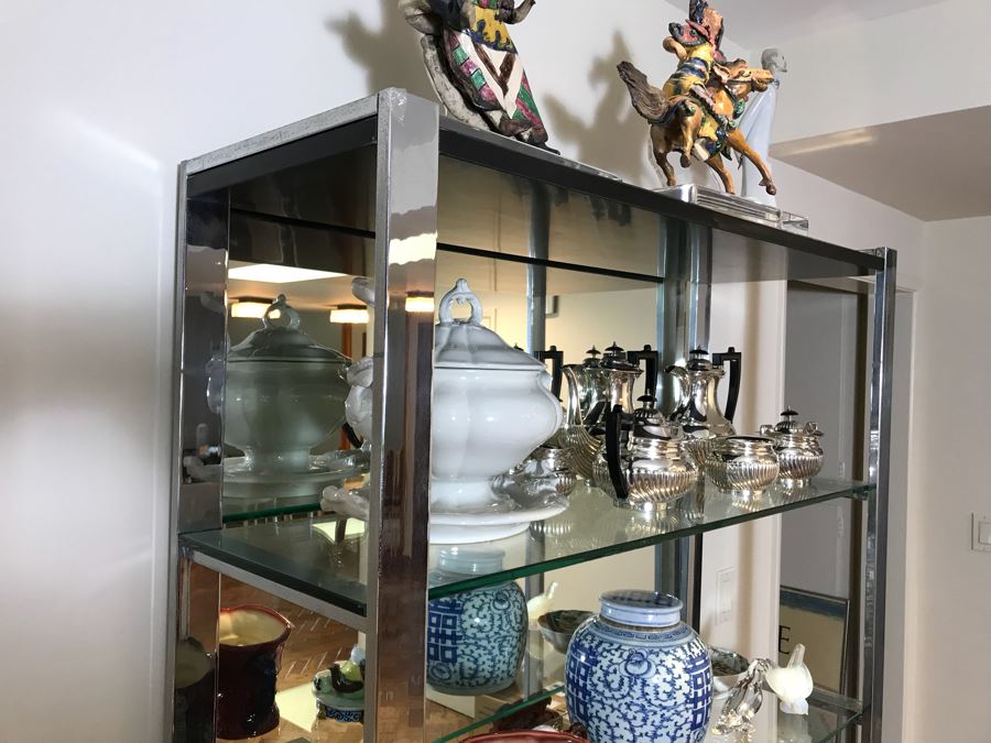 Vintage Chrome And Glass Etagere Bookcase Display Curio Cabinet (Note That Mirror Is Attached To Wall And Not Included) [Photo 7]